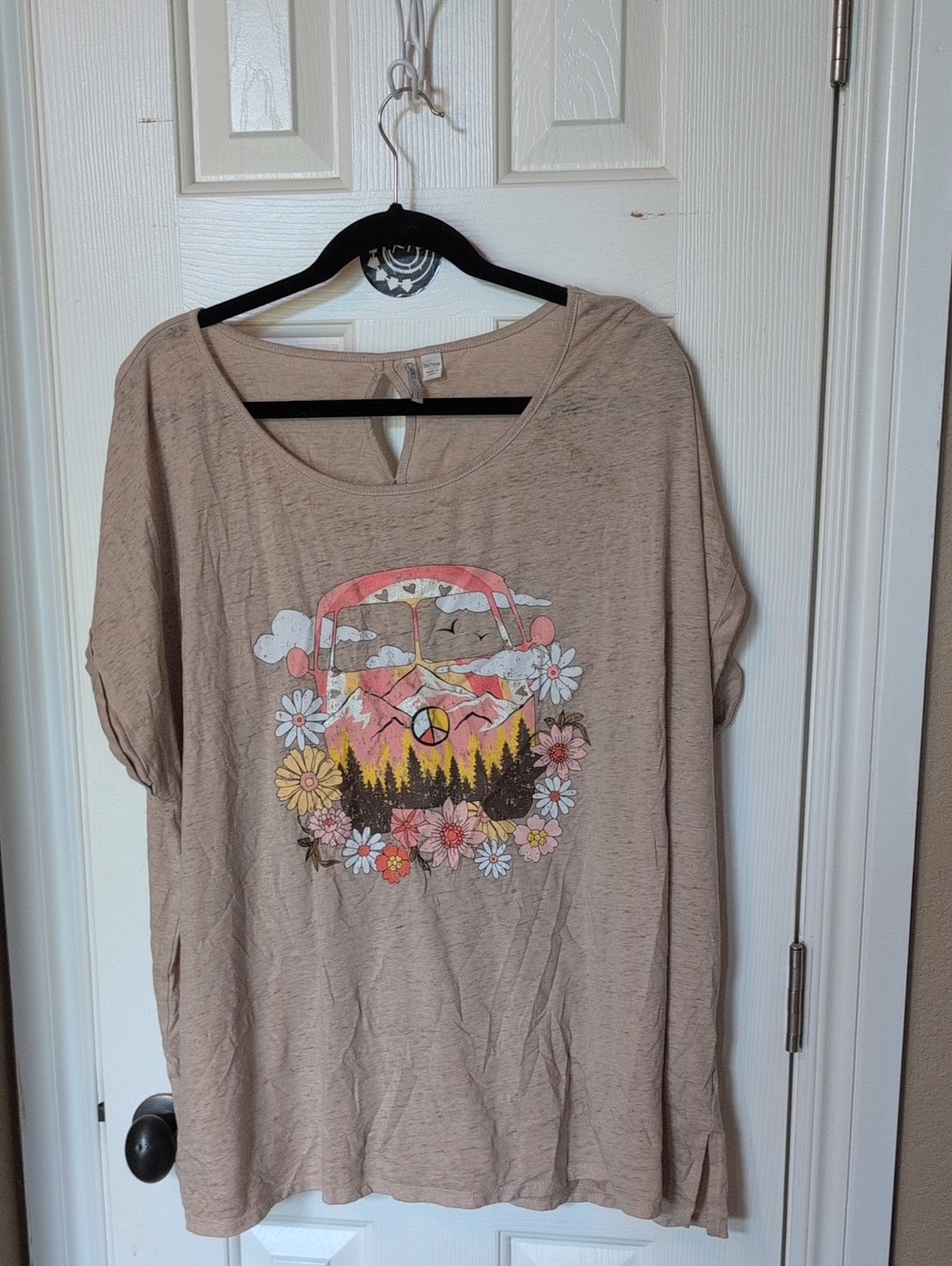Cato Beige Graphic Short Sleeve Tee with Floral Peace Van
